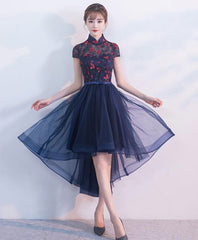 Prom Dress Shops, Blue Tulle Lace High Low Prom Dress, Blue Homecoming Dress