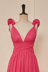 Party Dress Dress Up, Rose Pink Ruffle Shoulder Plunging V Neck A-line Lace-Up Long Prom Dress