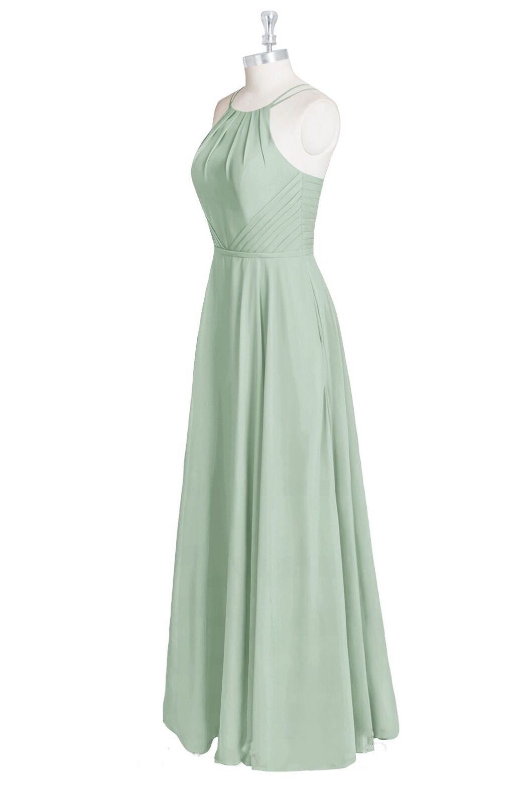 Party Dress Pink Dress, Sage Green Chiffon Halter A-Line Long Bridesmaid Dress