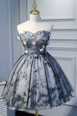 Black Formal Dress, Flowers Strapless Lace-Up A-Line Short Homecoming Dress