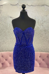 Party Dress Ladies, Royal Blue Beaded Strapless Sheath Homecoming Dress