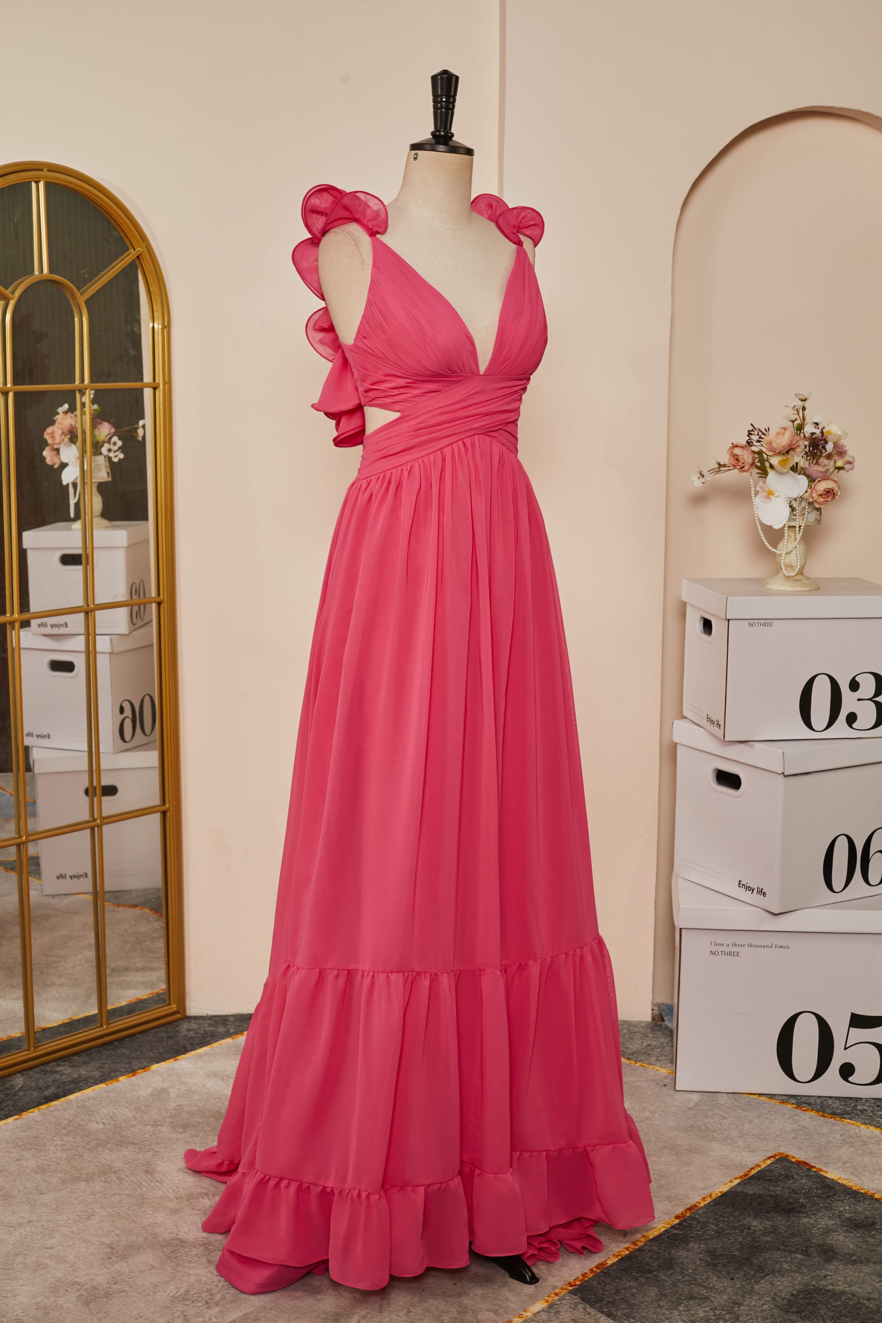 Party Dresses Styles, Rose Pink Ruffle Shoulder Plunging V Neck A-line Lace-Up Long Prom Dress