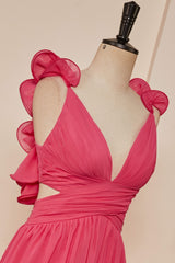 Party Dresses Store, Rose Pink Ruffle Shoulder Plunging V Neck A-line Lace-Up Long Prom Dress