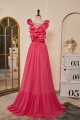 Party Dress Hair Style, Rose Pink Ruffle Shoulder Plunging V Neck A-line Lace-Up Long Prom Dress