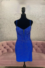 Party Dress And Gown, Royal Blue Beaded Sheath Deep V Neck Homecoming Dress