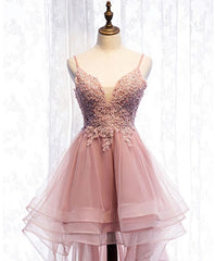 Homecoming Dresses Shop, Pink Tulle Lace High Low Prom Dress, Pink Homecoming Dress, 1