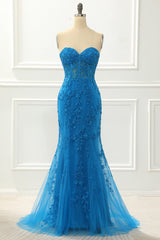 Prom Dresse Backless, Blue Strapless Mermaid Prom Dress with Appliques