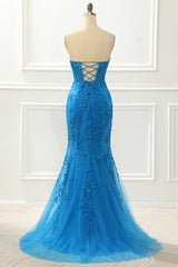 Prom Dresses 2027 Blue, Blue Strapless Mermaid Prom Dress with Appliques