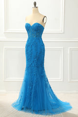 Prom Dresses Modest, Blue Strapless Mermaid Prom Dress with Appliques