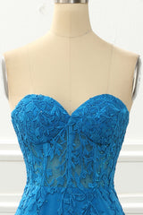 Prom Dresses Curvy, Blue Strapless Mermaid Prom Dress with Appliques