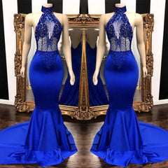 Bridesmaid Dress Different Styles, 2024 High Neck Beaded Mermaid Royal Blue Prom Dresses