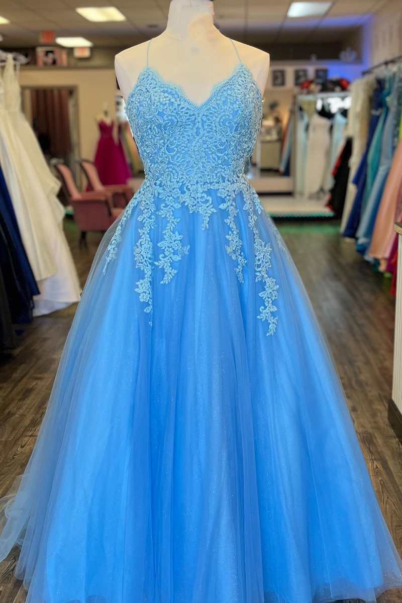 Bridesmaid Dress Winter, Blue Tulle Appliques Lace-Up Back A-Line Prom Dress