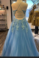 Bridesmaids Dresses Winter, Blue Tulle Appliques Lace-Up Back A-Line Prom Dress