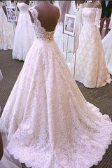 Wedding Dresses Satin, Chic Round Neck Open Back A Line Sleeveless Lace Appliques Wedding Dresses