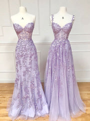 Party Dress Outfits Ideas, Purple Sweetheart Neck Lace Long Prom Dresses, Purple Lace Graduation Dress