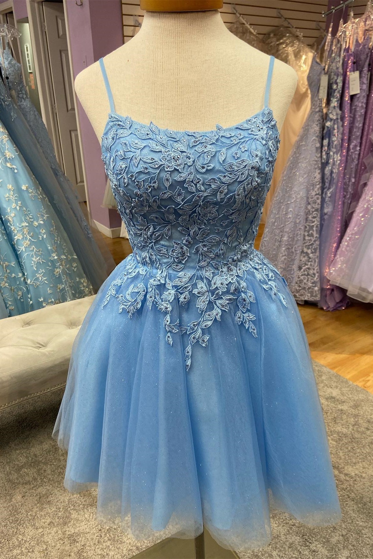 Homecoming Dress Long, Light Blue Appliques Straps Tulle Homecoming Dress
