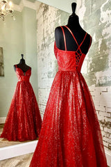 Dress, A-Line Red Sequin Lace-Up Long Prom Dress