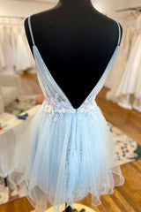 Homecoming Dresses Simple, Light Blue Tulle Open Back A-Line Short Party Dress