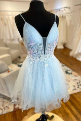 Homecoming Dress Simple, Light Blue Tulle Open Back A-Line Short Party Dress