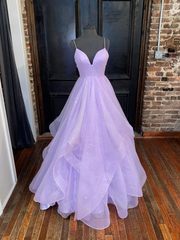 Elegant Dress For Women, A Line V Neck Shiny Purple Long Prom Dresses, Shiny V Neck Purple Formal Evening Dresses