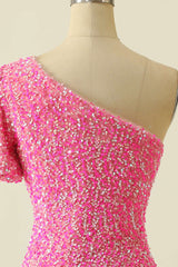 Bridesmaids Dress Designs, Pink Sequin One-Sleeve Bodycon Homecoming Dress