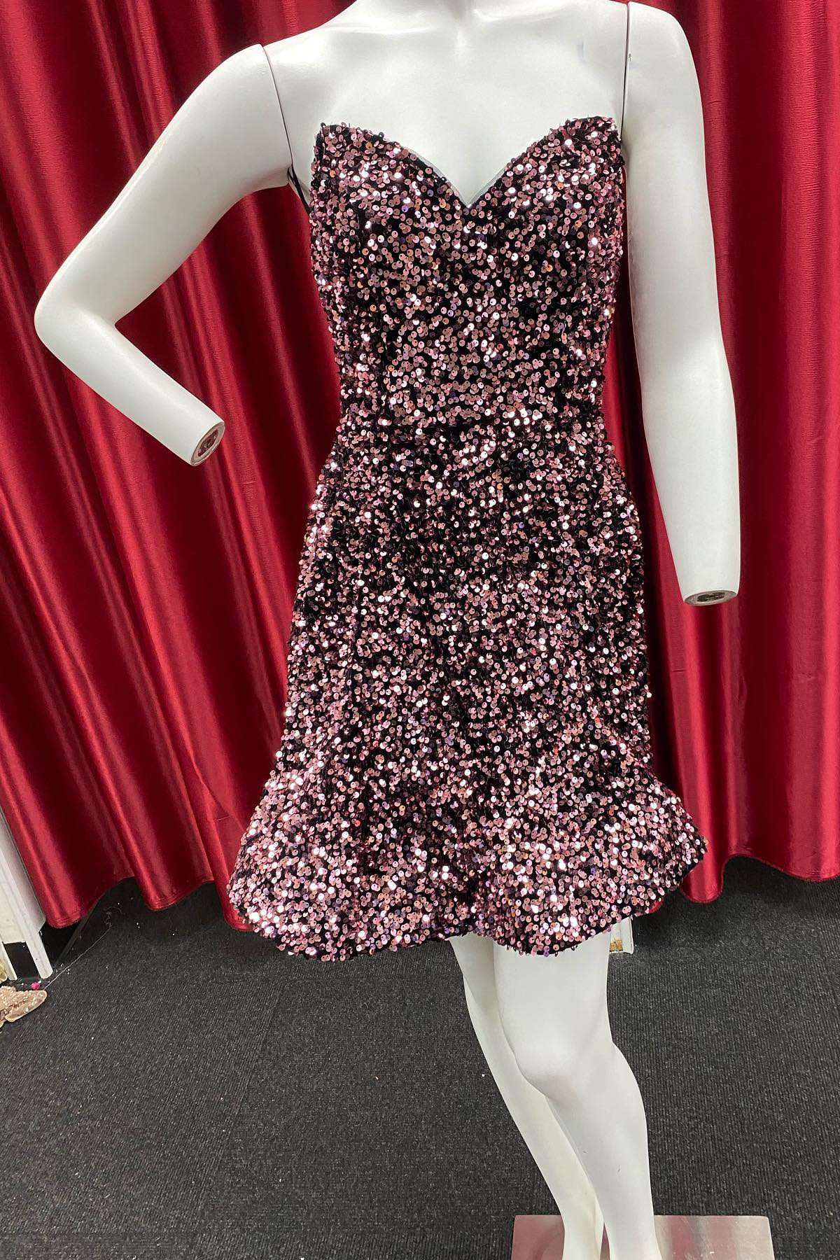 Party Dress Shop, Dark Pink Sequin Strapless A-Line Homecoming Dress