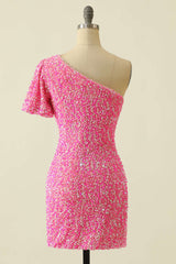 Bridesmaid Dress Designers, Pink Sequin One-Sleeve Bodycon Homecoming Dress