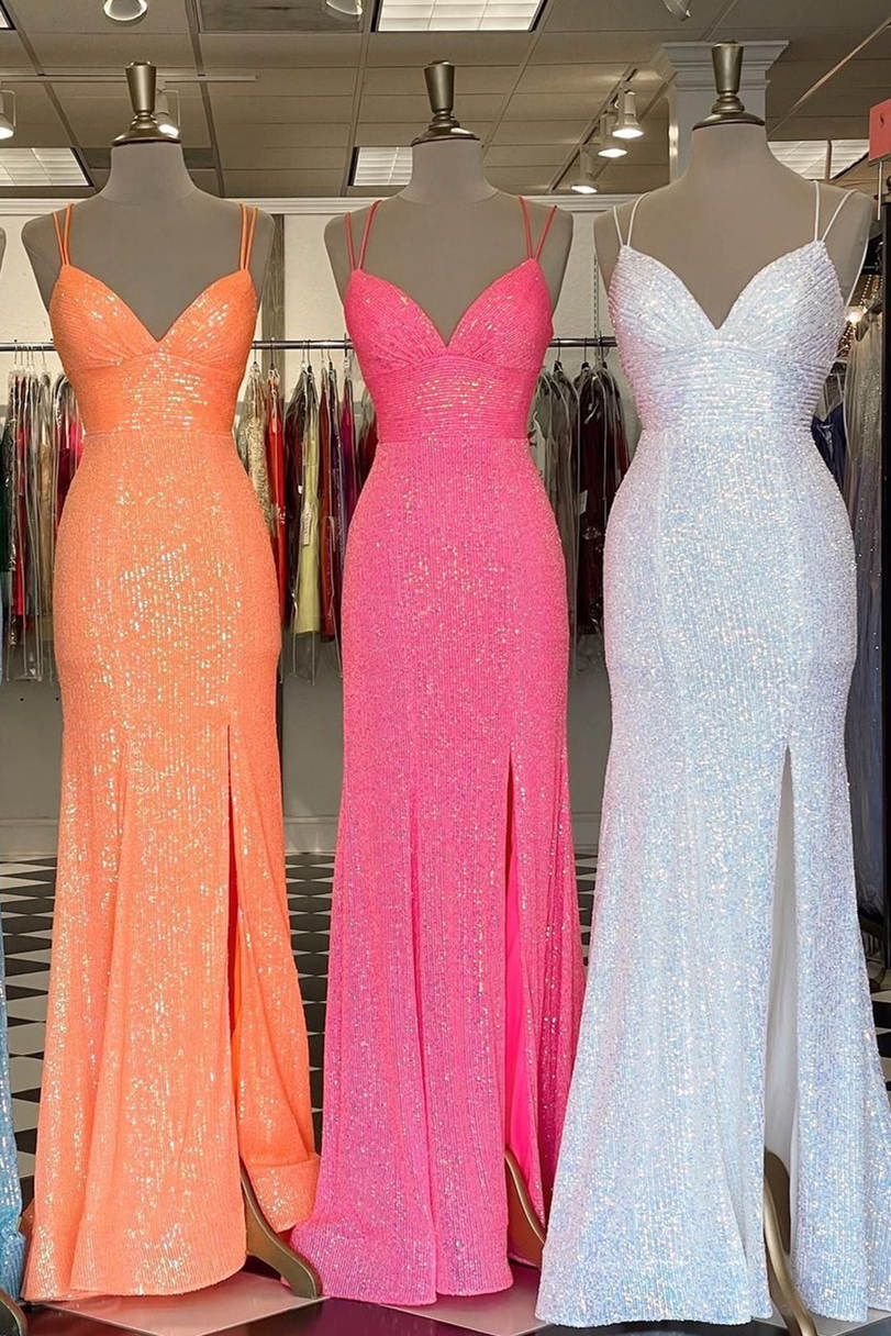 Prom Dress Long Open Back, Stunning Straps Sequined Mermaid Long Prom Dress