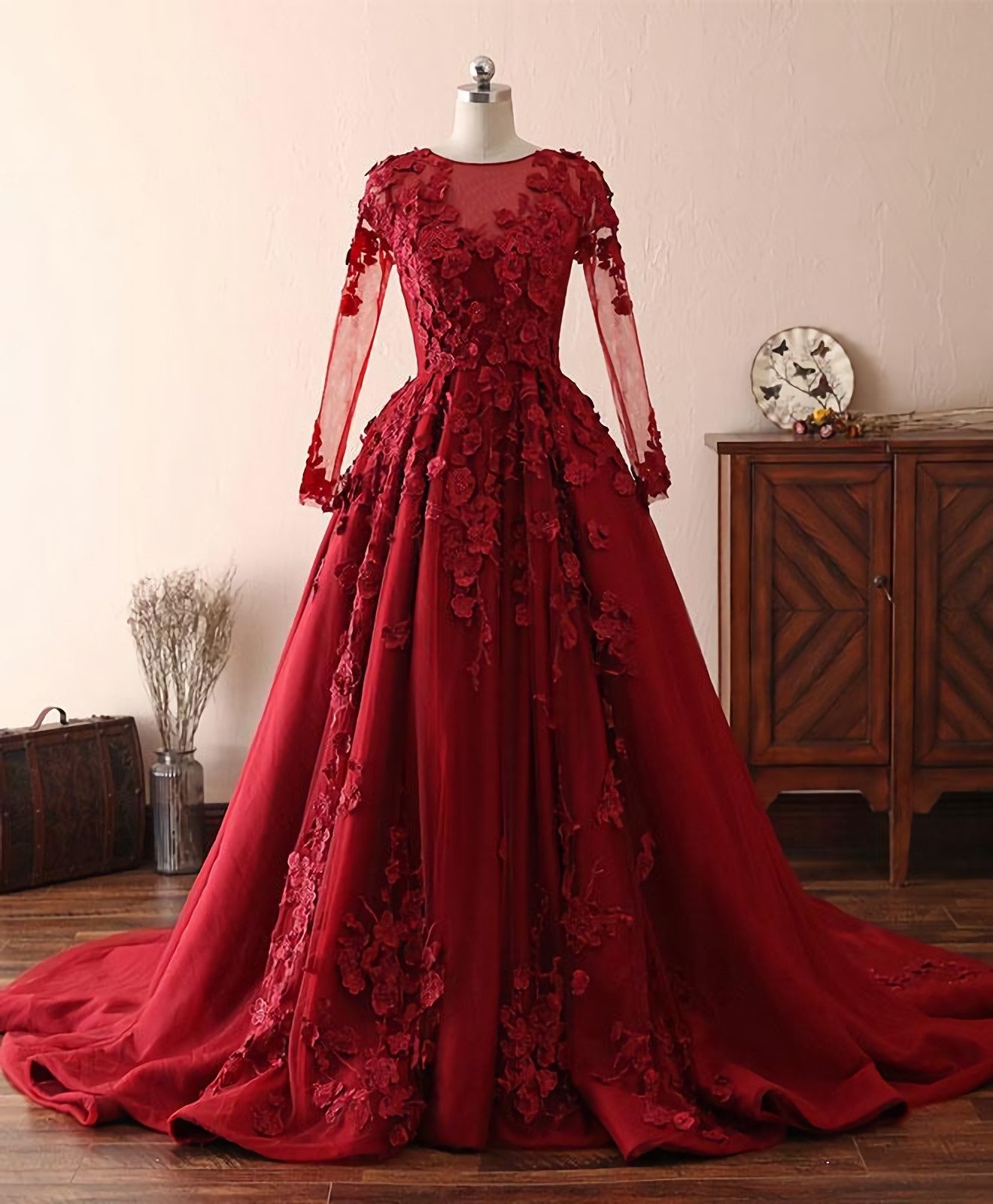 Formal Dress Summer, Burgundy Lace Satin Long Prom Dress, Burgundy Lace Evening Dress