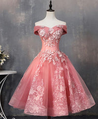 Homecoming Dresses For Girls, Pink Tulle Lace Off Shoulder Short Prom Dress, Pink Homecoming Dress