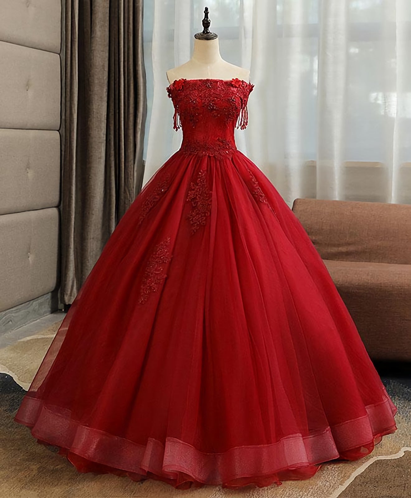 Formal Dress Stores, Burgundy Tulle Lace Long Prom Gown Burgundy Tulle Lace Formal Dress