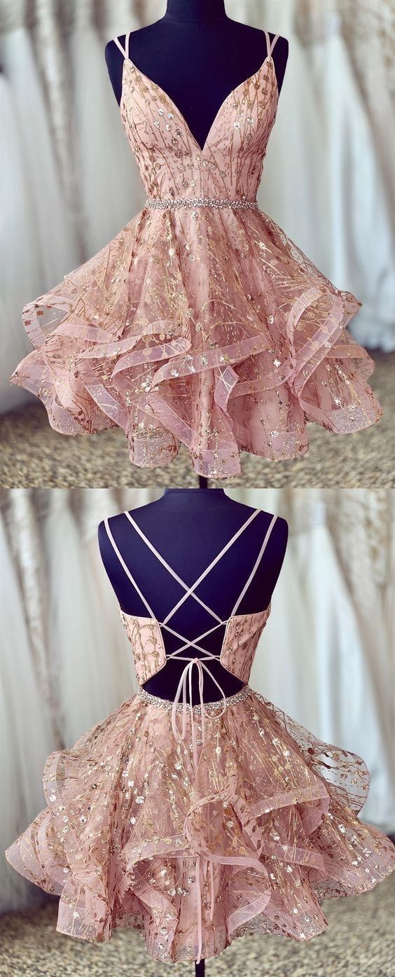 Party Dress Ideas, pink straps short homecoming dresses prom gown waist with beaded