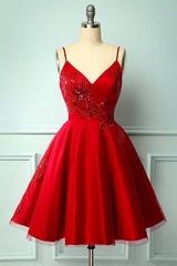 Wedding Inspiration, red a line prom party dress with spaghetti straps