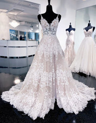 Wedding Dress A Line Sleeves, A-Line Spaghetti Straps Court Train Wedding Dress With Appliques