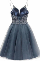 Champagne Prom Dress, A-line Straps Appliques Tulle Short Homecoming Dress