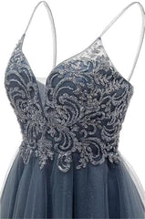 Blue Gown, A-line Straps Appliques Tulle Short Homecoming Dress