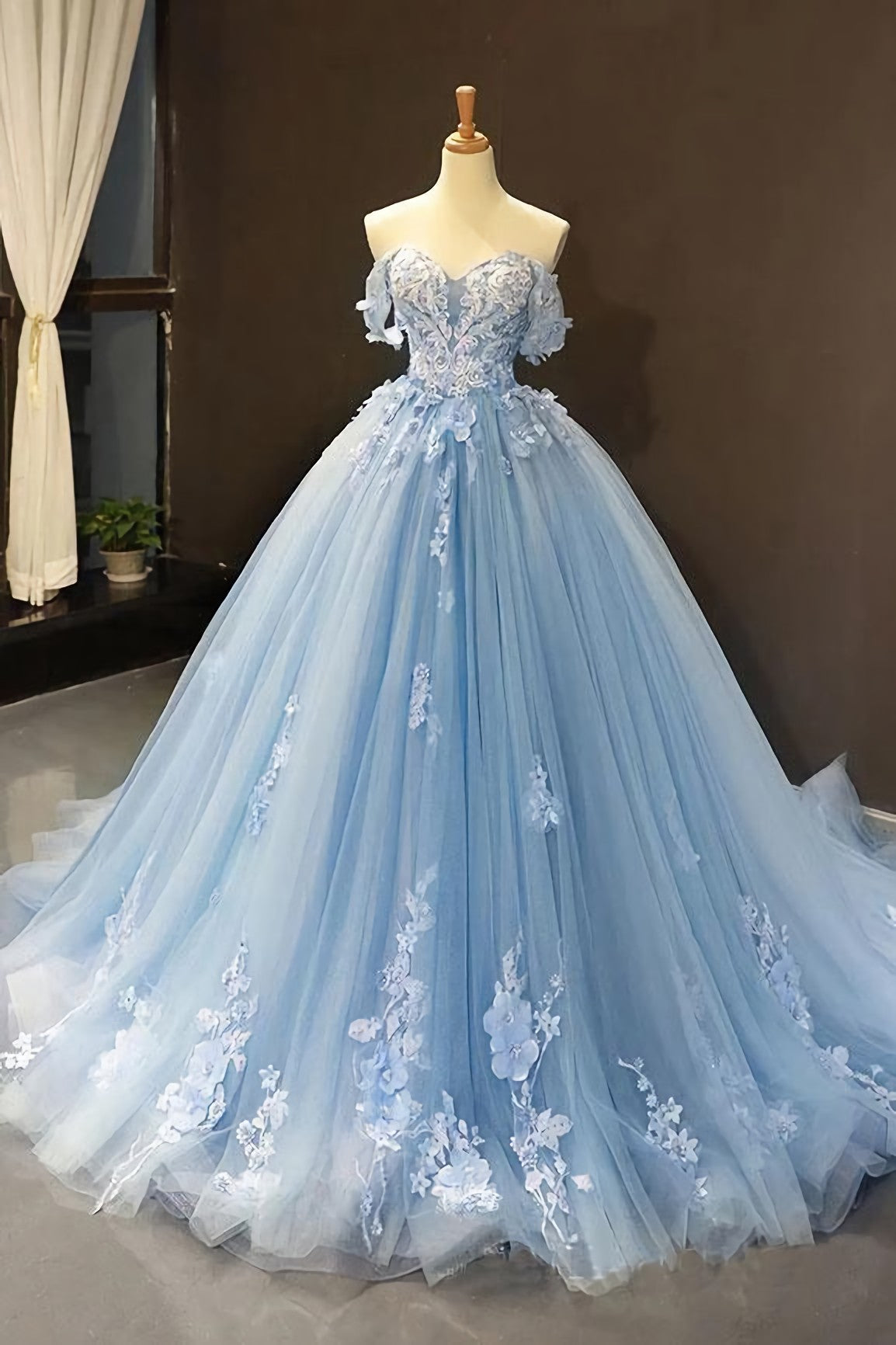 Party Dress Baby, Light Sky Blue Off The Shoulder Ball Gown Tulle Prom Dress With Applique