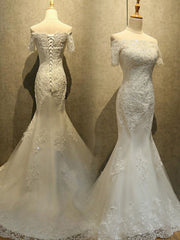 Wedding Dress Colors, Mermaid Off Shoulder Sleeveless Lace Beading Watteau Train Wedding Dresses