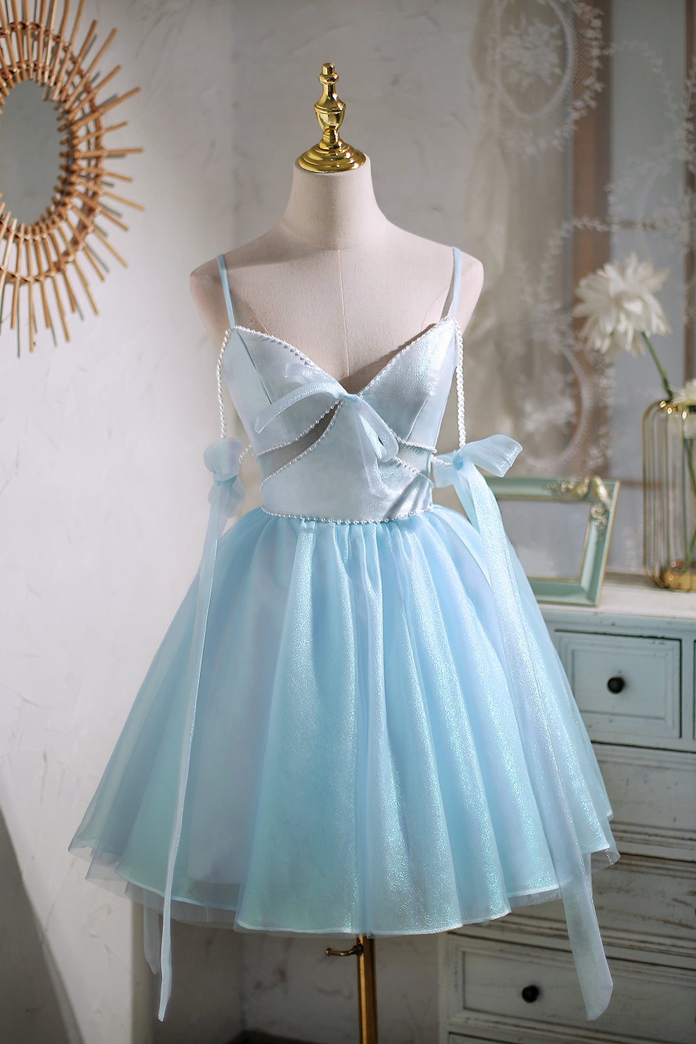 Bridesmaid Dresses Different Color, Cute Sky Blue Beading Bowknot Short Princess Homecoming Dresses