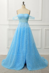 Prom Dresses Long With Slit, Blue Off the Shoulder A Line Corset Prom Dress with Slit