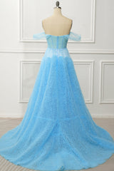 Prom Dress Pink, Blue Off the Shoulder A Line Corset Prom Dress with Slit