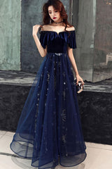 Semi Formal, Elegant Blue Velvet Top Long Party Dress