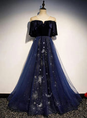 Bow Dress, Elegant Blue Velvet Top Long Party Dress