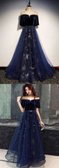 Long Black Dress, Elegant Blue Velvet Top Long Party Dress