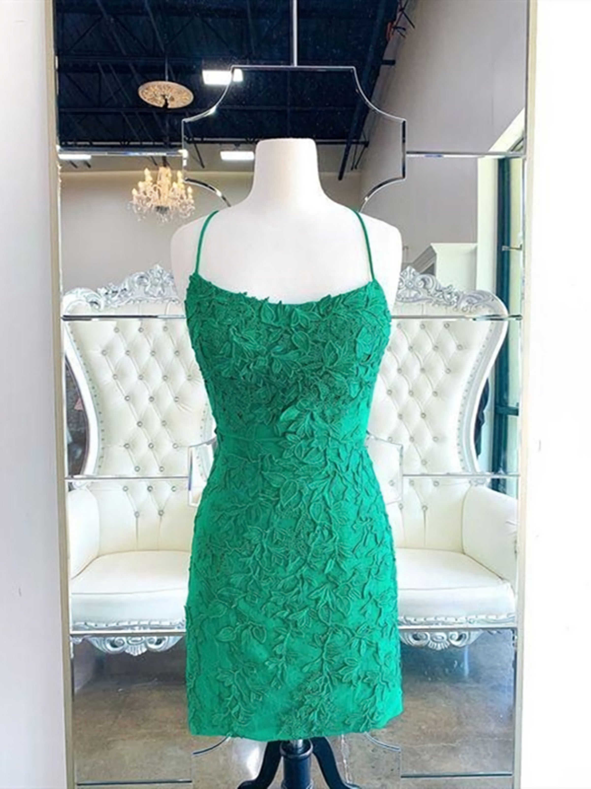 Party Dresses Shopping, Backless Short Green Lace Prom Dresses