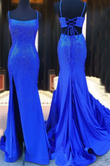 Floral Dress, Beaded Mermaid Royal Blue Slit Long Prom Dress