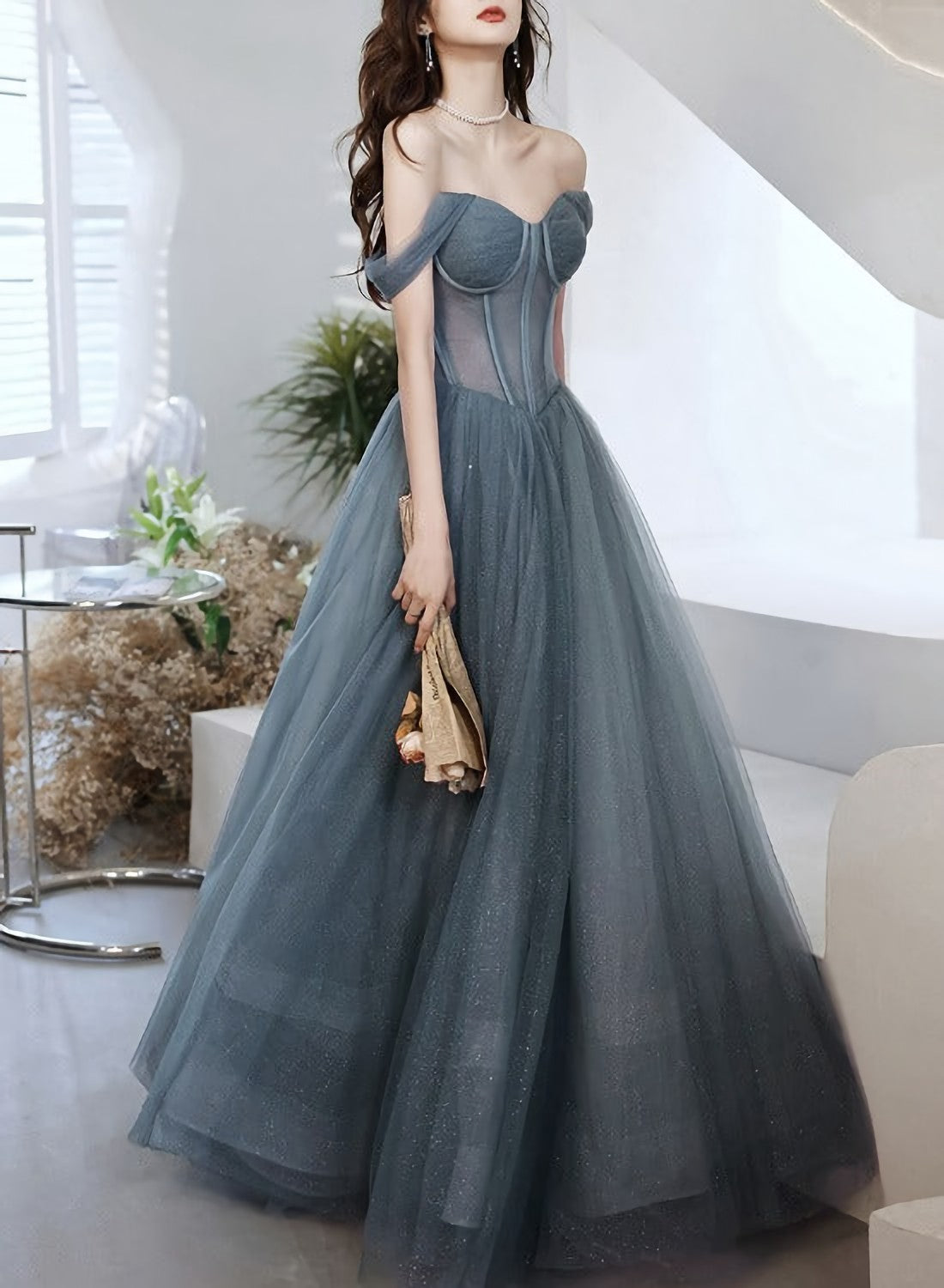 Formal Dresses 2029, Beautiful Grey Blue Tulle Sweetheart Shiny Off Shoulder Prom Dress, A Line Party Dress