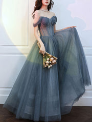 Formal Dresses Simple, Beautiful Grey Blue Tulle Sweetheart Shiny Off Shoulder Prom Dress, A Line Party Dress