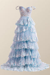Homecome Dresses Short Prom, Off the Shoulder Light Blue Sequin Ruffles Long Formal Dress