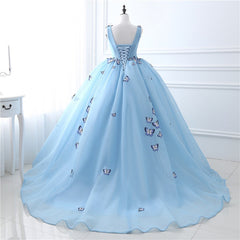Bridesmaid Dress Convertible, Blue Butterfly Flowers Lace Up Ball Gowns Long Prom Dresses